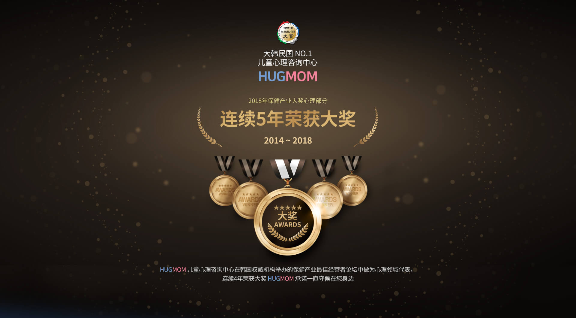 Korean No.1 psychology consultation
			大韩民国 NO.1儿童心理咨询中心
			HUGMOM

			2018年保健产业大奖心理部分
			连续5年荣获大奖
			2014~2018

			HUGMOM 儿童心理咨询中心在韩国权威机构举办的保健产业最佳经营者论坛中做为心理领域代表，连续4年荣获大奖HUGMOM 承诺一直守候在您身边